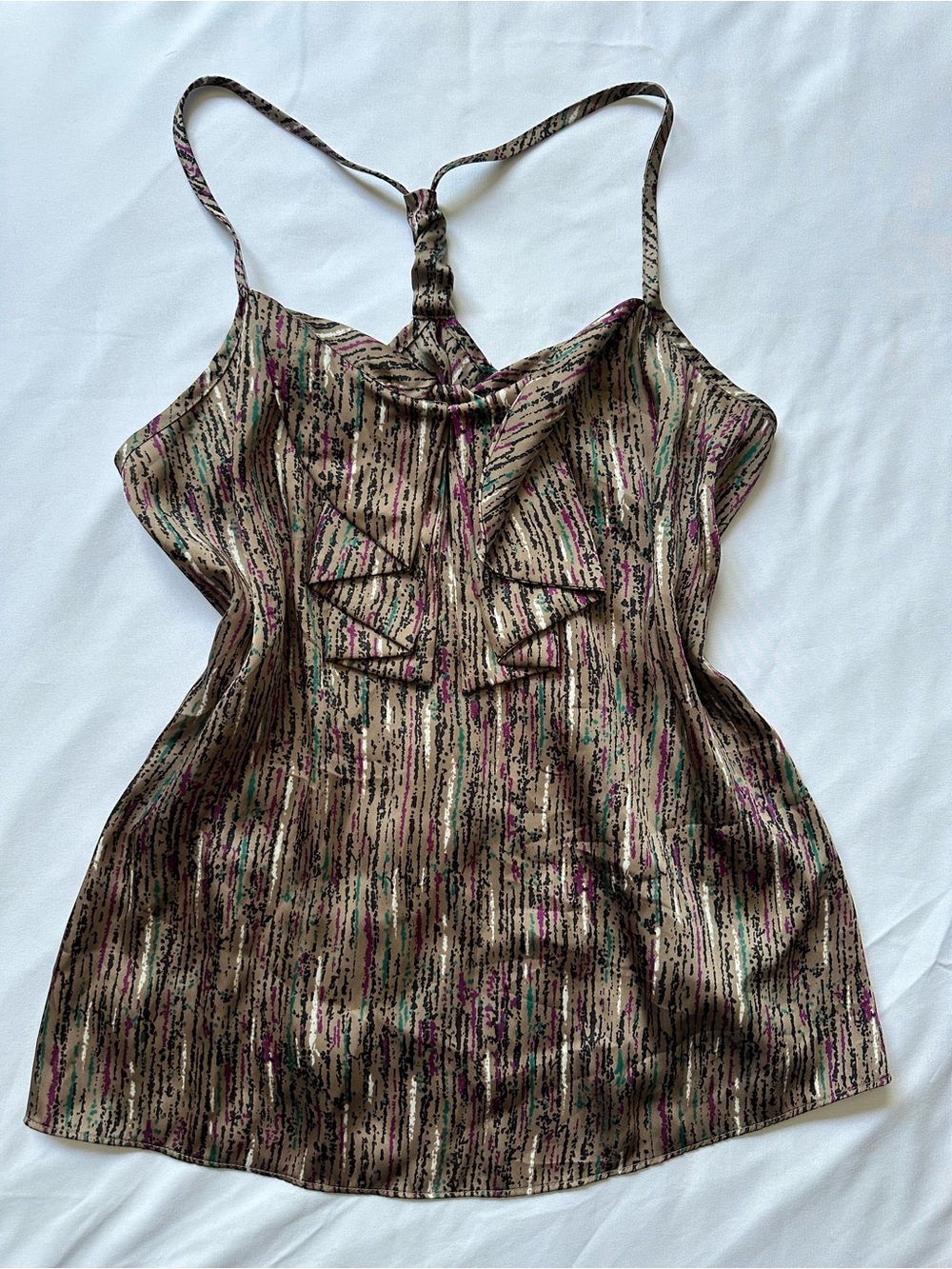 Apostrophe Brown and Purple Silk-like Top with Ruffle Detail on Front